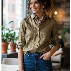 STATEof___ Metallic Bronze Gold Button Down Blouse M